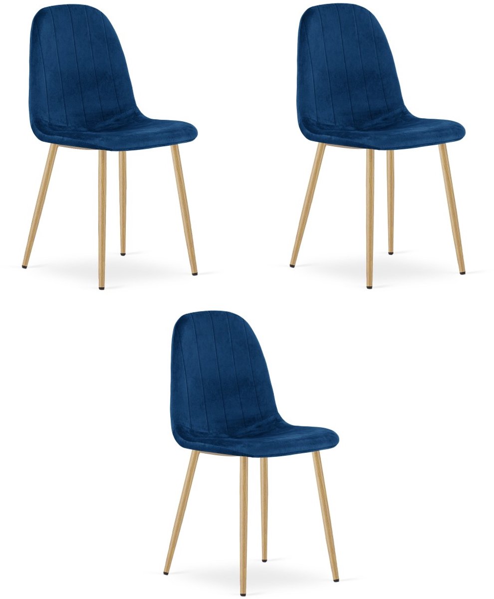Set van 3 eetkamerstoelen PADVA – Fluweel donkerblauw – Eiken metalen poten – Modern design