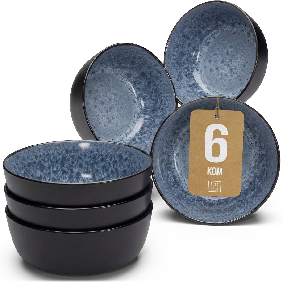Pure Living Set Van 6 Kommen - 700ml - Rookblauw - Aardewerk - Vaatwasserbestendig - Magnetronbestendig - Ibiza Dark
