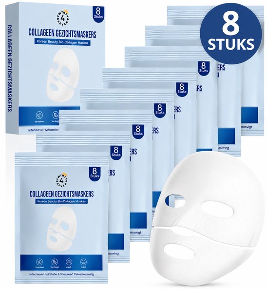 Verpakking met 8 stuks collageen gezichtsmaskers, met een open masker erop.