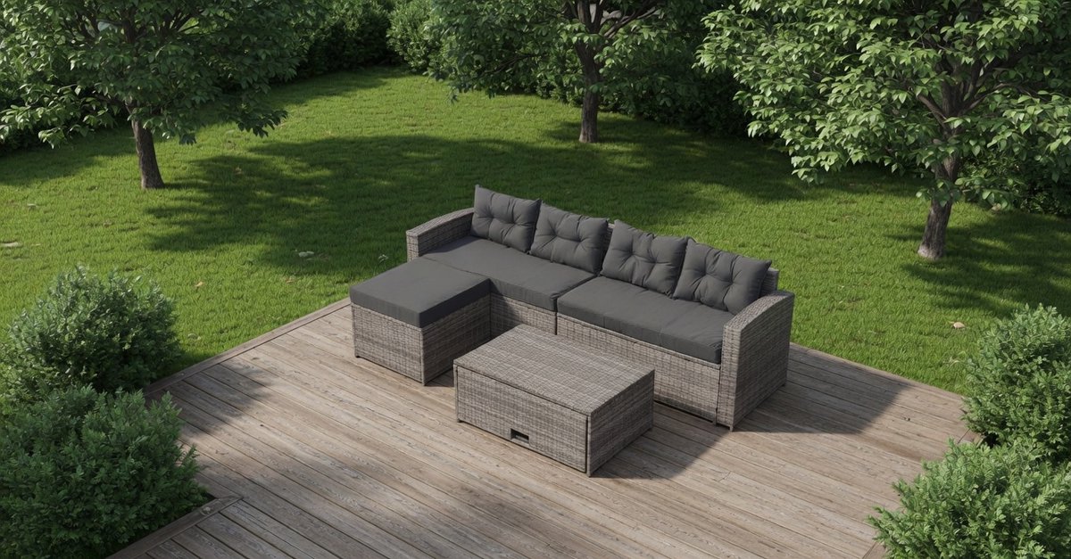 J34 Polyrotan Loungeset met Opbergtafel – 4-Zitsbank 238 cm + Kussens 10 cm – Grijs – Voor Tuin, Balkon & Terras - Industrohome