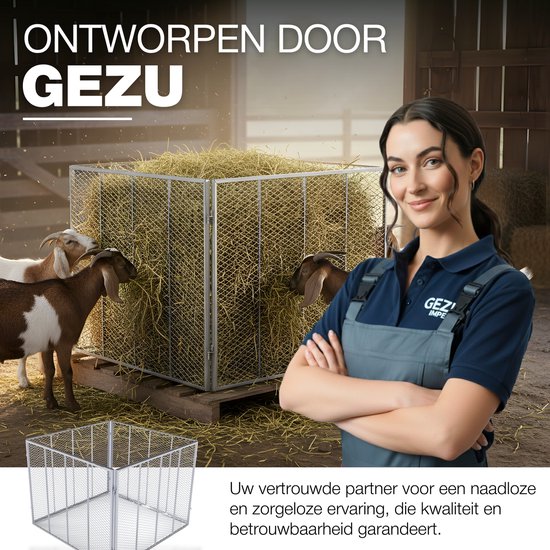 Vrouw in overall naast een metalen kooi gevuld met hooi en geiten. Een kleine maquette van de kooi.