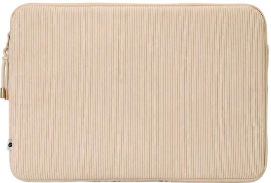 Beige corduroy laptop sleeve met ritssluiting en gouden details.