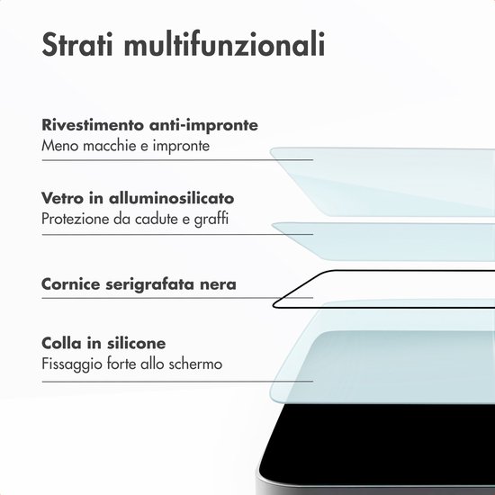 Gelaagde glasbescherming met anti-vingerafdrukcoating, aluminiumsilicaatglas, zwarte rand en siliconenlijm.
