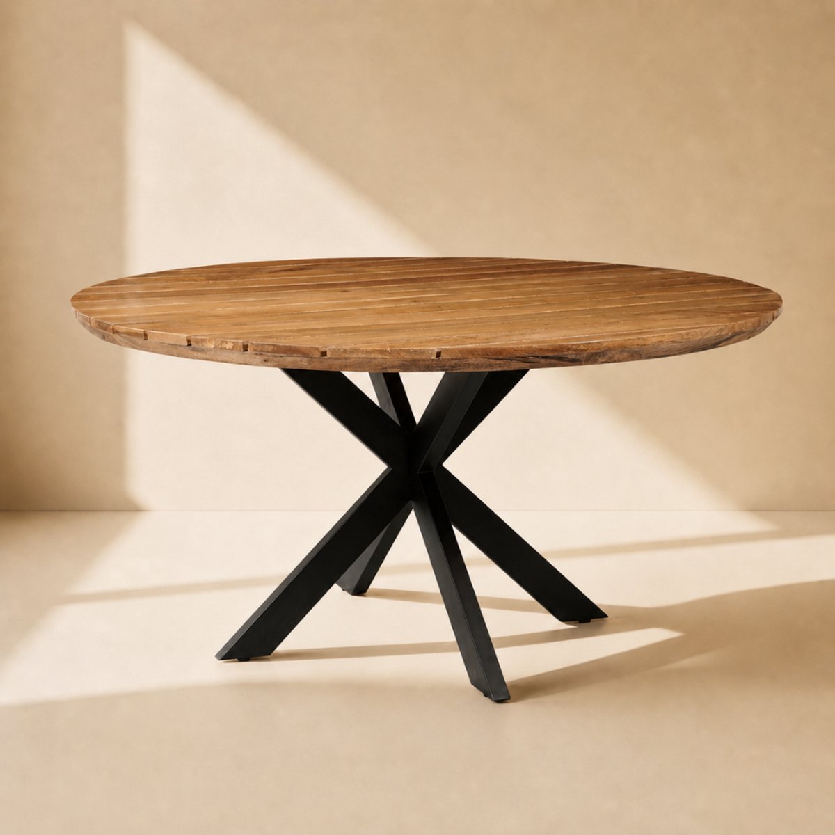 Sfeerwonen Enzo Tuintafel Rond - 130 cm – Mangohout Naturel – Outdoor – Swiss Edge – Matrix Spinpoot Zwart - 6 personen thumbnail 2
