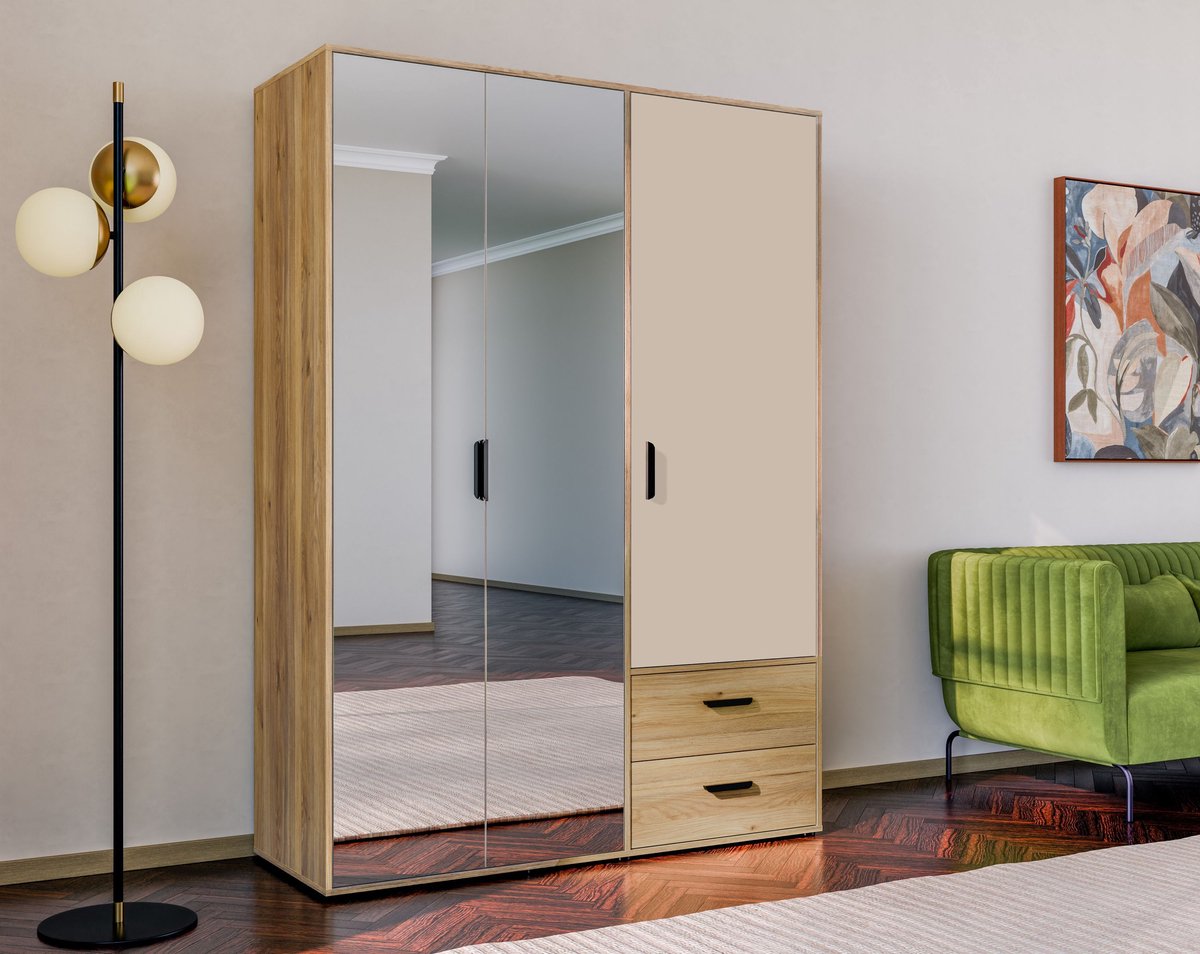 MOKKARO – Armoire – 3 deurs met 2 spiegel – 2 laden