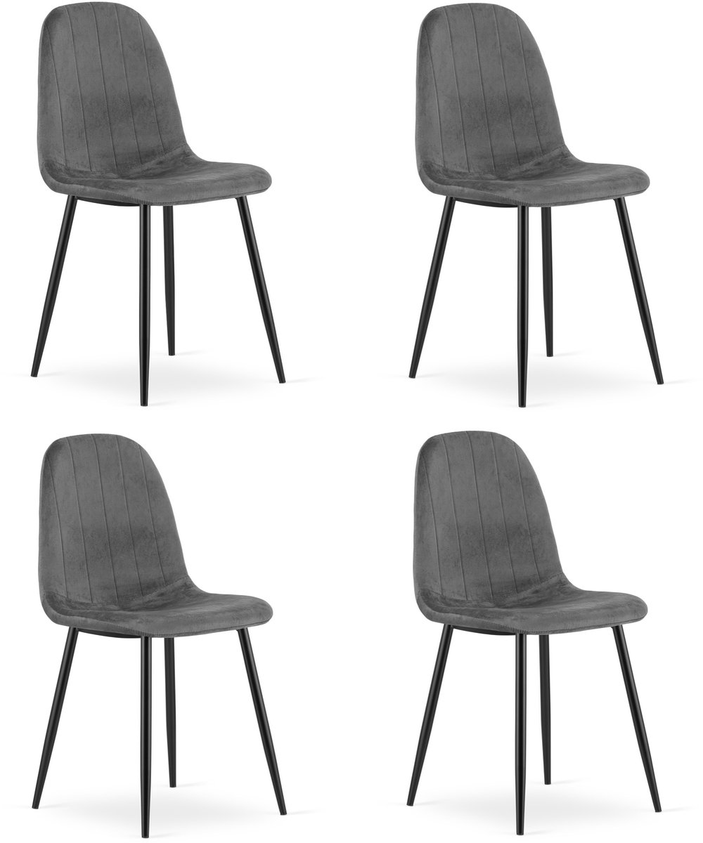 Set van 4 eetkamerstoelen PADVA – Donkergrijs fluweel – Zwarte metalen poten – Modern design