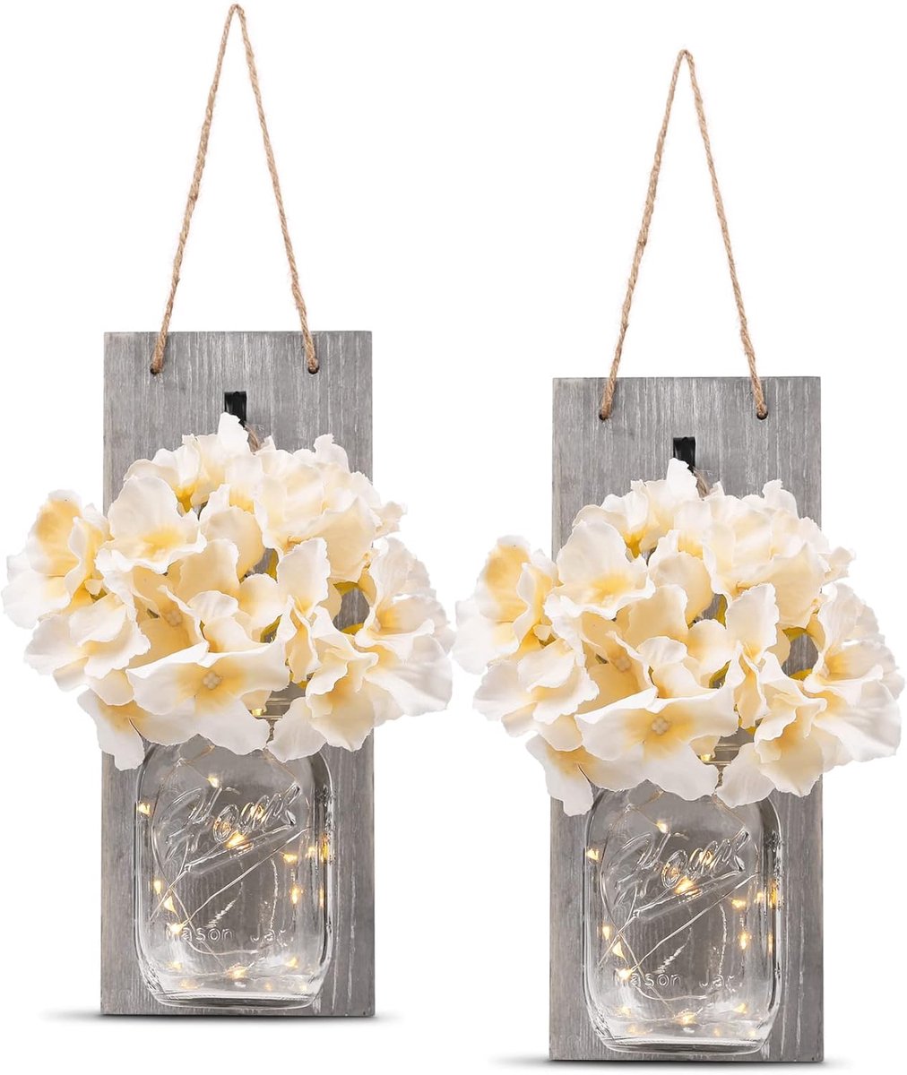 OLOEY Decoratieve wanddecoratie met Mason Jars – Rustieke wandlampen met LED-lichtjes en b
