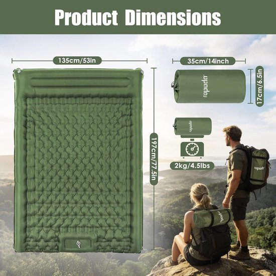 Zelfopblaasbare Mat - Kampeer Matras - Buiten Slapen - Ingebouwde Voetpomp - 197 x 135 cm - Groen — afbeelding 5