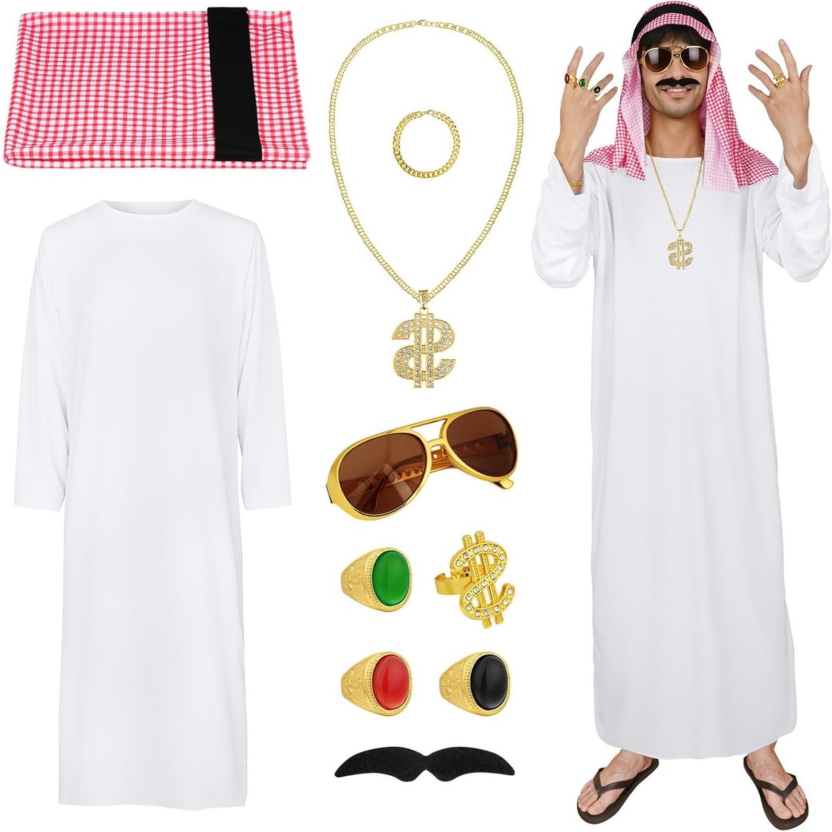 Arabisch Sheikh Kostuum voor Mannen met Sjaal en Zonnebril - Perfect voor Cosplay, Feestjes en Carnaval
