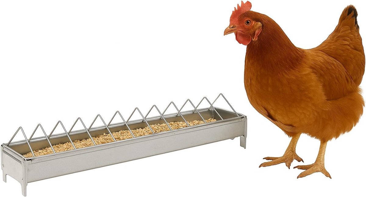 Voederbak Gevogelte - Voerbak Kippen - Voeding Verstrekken - Duurzaam Verzinkt Metaal - 99 x 13 x 15 cm - Zilverkleurig