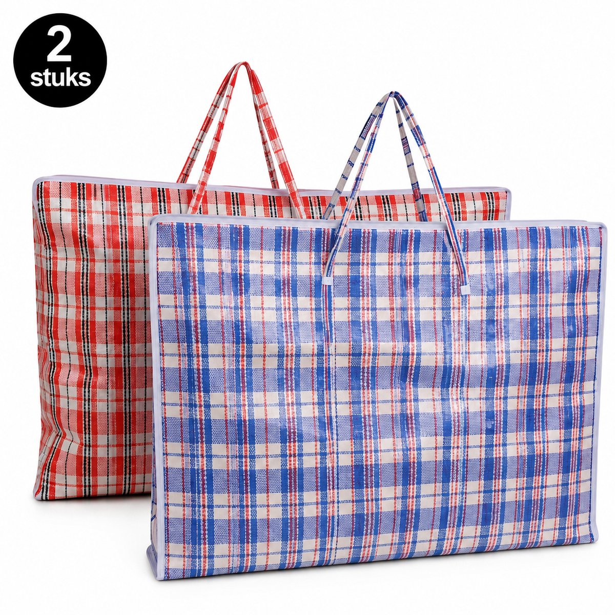 Opbergtas XL – 2 Stuks – Grote Shopper met Rits – 130L Big Shopper – Reistas / Wastas – Sterk en Waterafstotend – Geruit (Mix Kleuren)