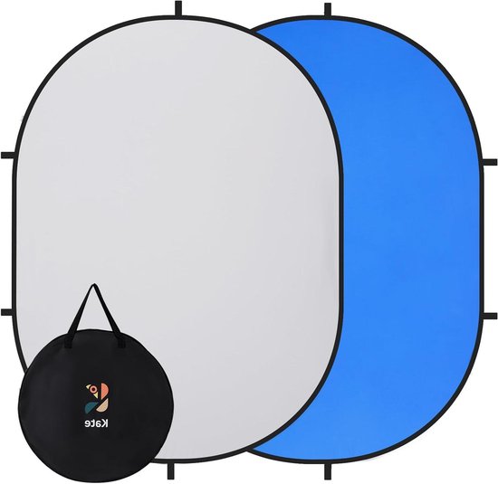 Ovaal achtergrondscherm met blauwe en grijze kanten, inclusief zwarte draagtas.