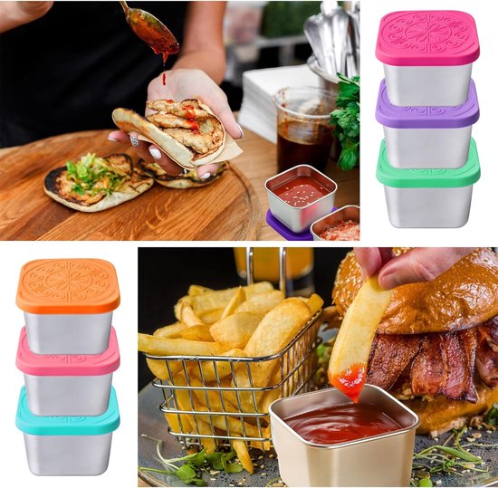 Roestvrijstalen sausbakjes - 60 ml - Vierkante sausbakjes met siliconen deksel - Lekvrije roestvrijstalen sausbakjes - Kleurrijk en lekvrij - Herbruikbaar - Voor sauzen, jam, salades, picknicks, kamperen en afhaalmaaltijden--Set van 6 — afbeelding 4