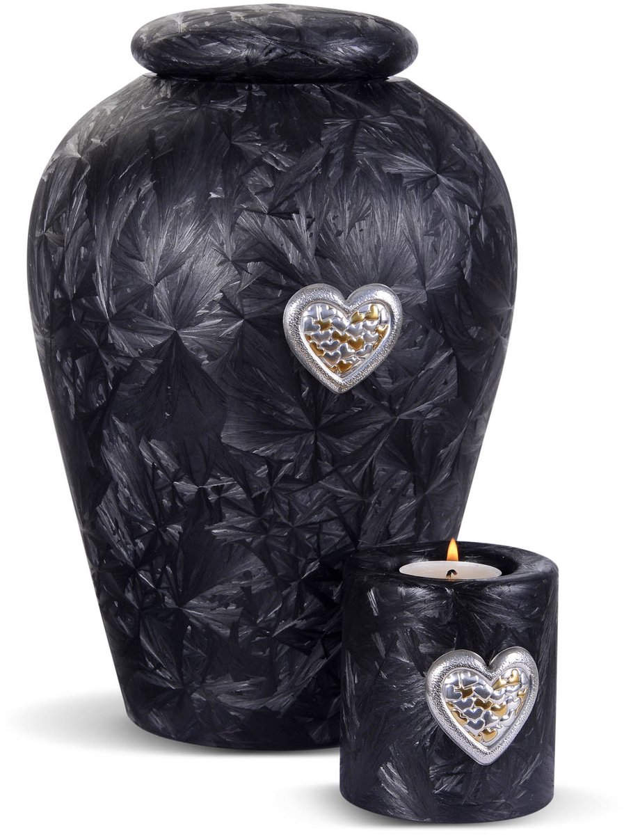 Terroso® - Glazen Urn Set - Zwart Frost - Met Verzilverd Hart - Inclusief Bijpassende Herdenkingskaars - 4,5 Liter