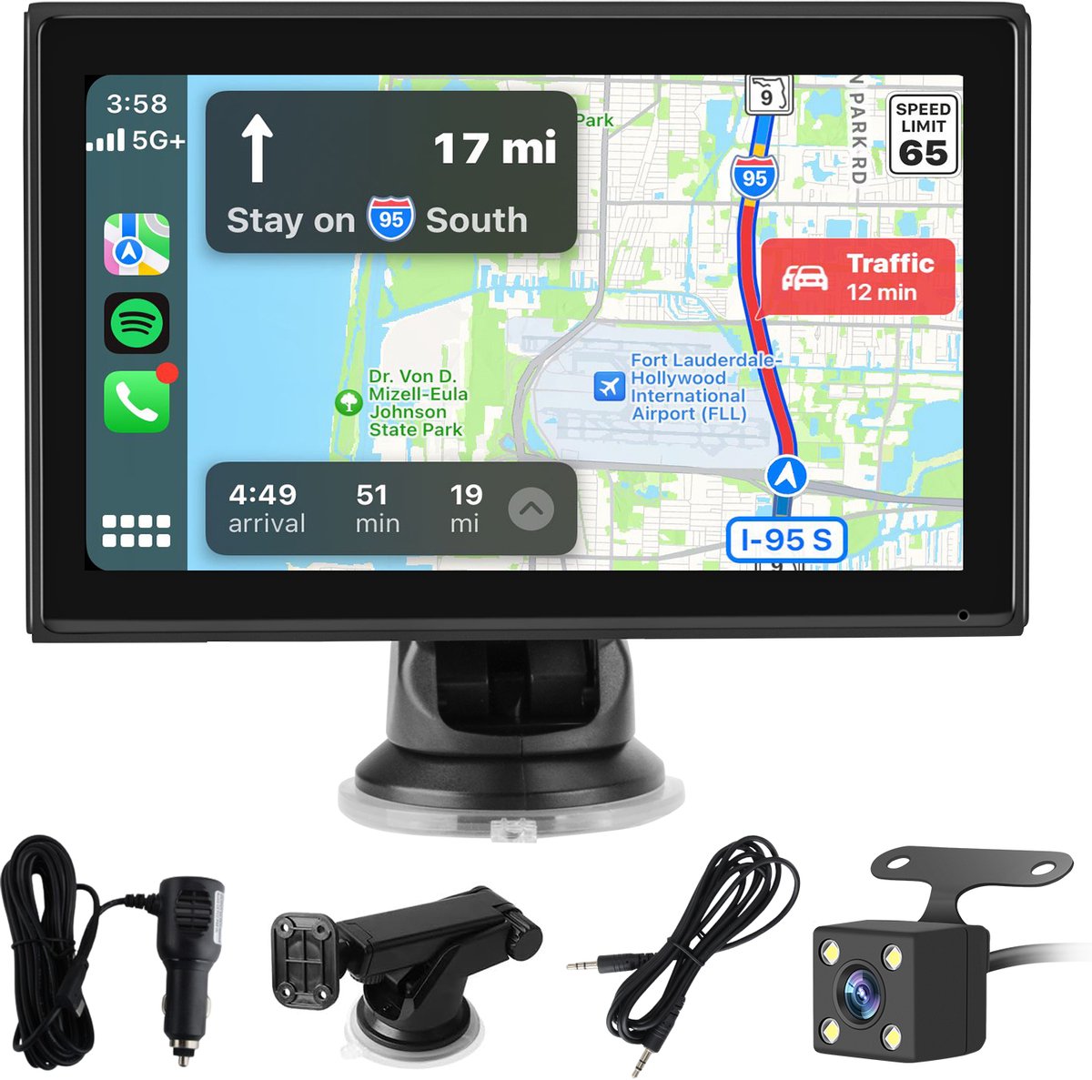 Junsun CarPlay-navigatiesysteem - 7 Inch IPS TouchScreen, CarPlay & Android Auto (Draadloos) -GPS Navigatiesysteem Auto - Universeel - Met HD achteruitrijcamera - FM Radio & Bluetooth & handsfree - AUX + USB met beugel