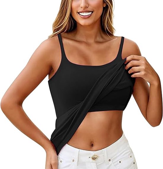 Caraco pour femme avec soutien-gorge intégré — Basic d'été polyvalent avec bretelles spaghetti réglables — Haut sans manches, idéal comme vêtement de nuit, pour la salle de sport et le yoga (Noir, XL)