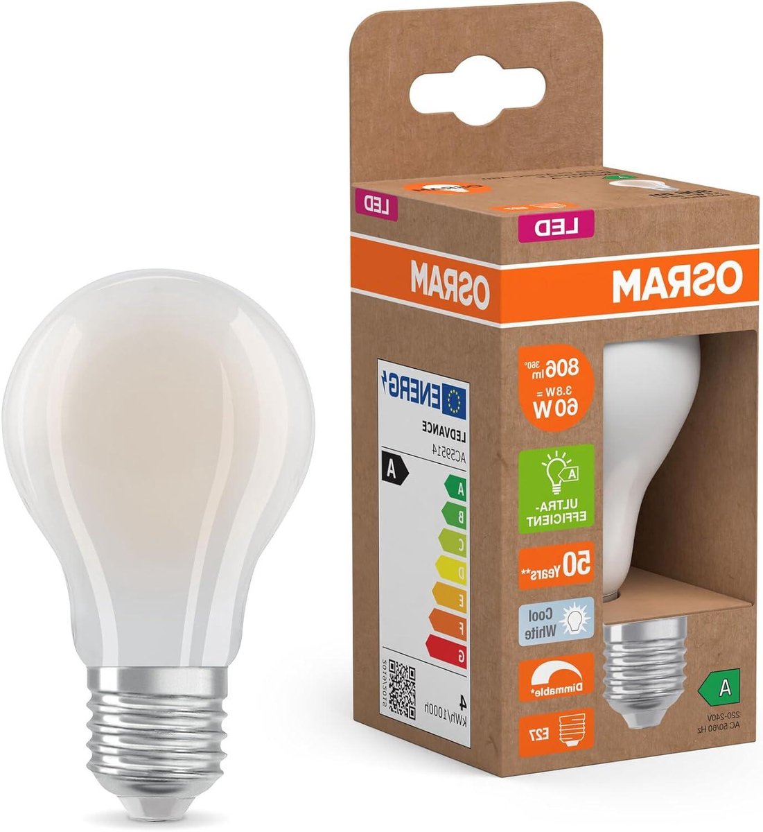 Ledlamp Klassiek - Gloeilampvorm LED - Decoratieve Verlichting - Loodvrij Mat Glas - E27 60mm - Koud Wit