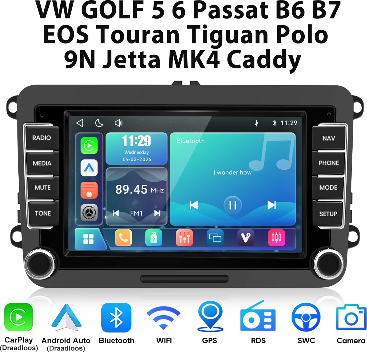 Junsun linux Autoradio Geschikt Voor VW GOLF 5 6 Passat B6 B7 EOS Touran Tiguan Polo 9N Jetta MK4 Caddy Accessoires, Draadloze CarPlay & Andriod Auto, AirPlay, Stuurwielbediening, WiFi, 7-inch Touchscreen, DSP, Plug & Play