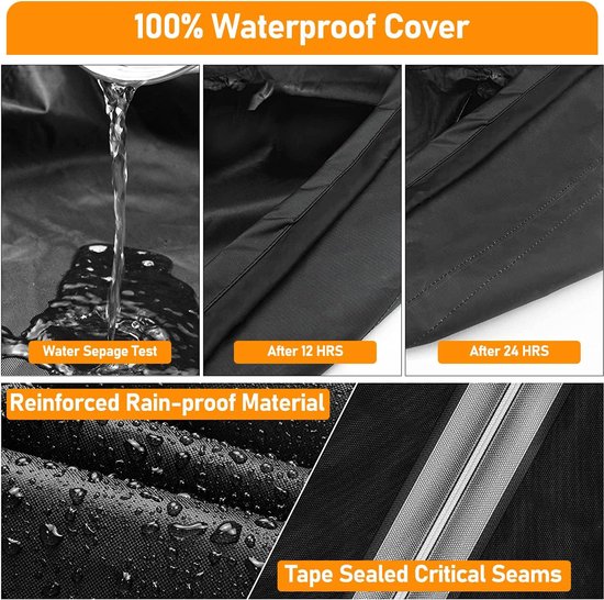 Detailweergaven van een zwarte, waterdichte grillhoes: waterafstotend materiaal en tape-afdichting.