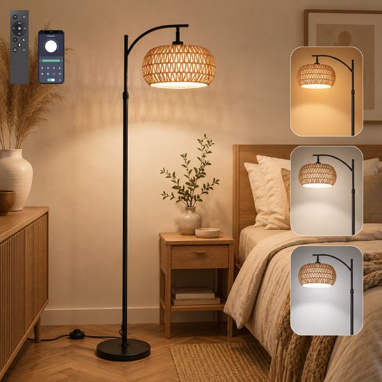 Lampadaire en rotin Rosnek - Lampadaire avec télécommande et application - Lampe d'ambiance LED dimmable noire avec ampoule, douille E27 - Éclairage intelligent pour salon - Hauteur réglable