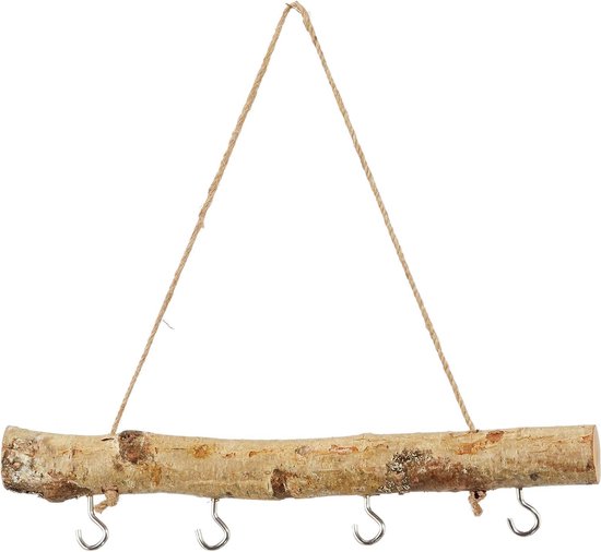 Decoratieve tak met touwophanging en vier metalen haakjes.