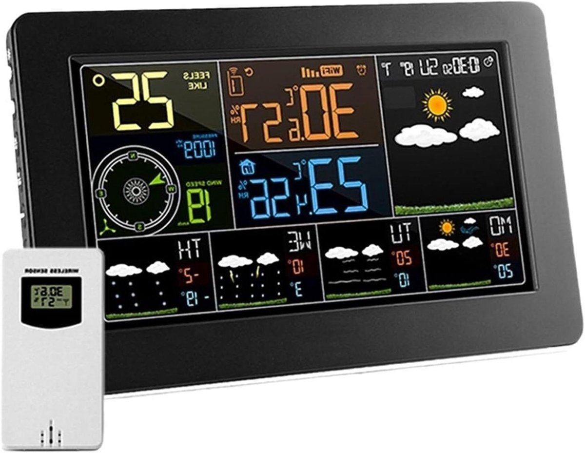 Weerstation met Kleurenscherm - Weerdisplay Thermometer - Weersvoorspelling Binnen - Wifi Gegevens Ophalen - 1 Sensor - Wit