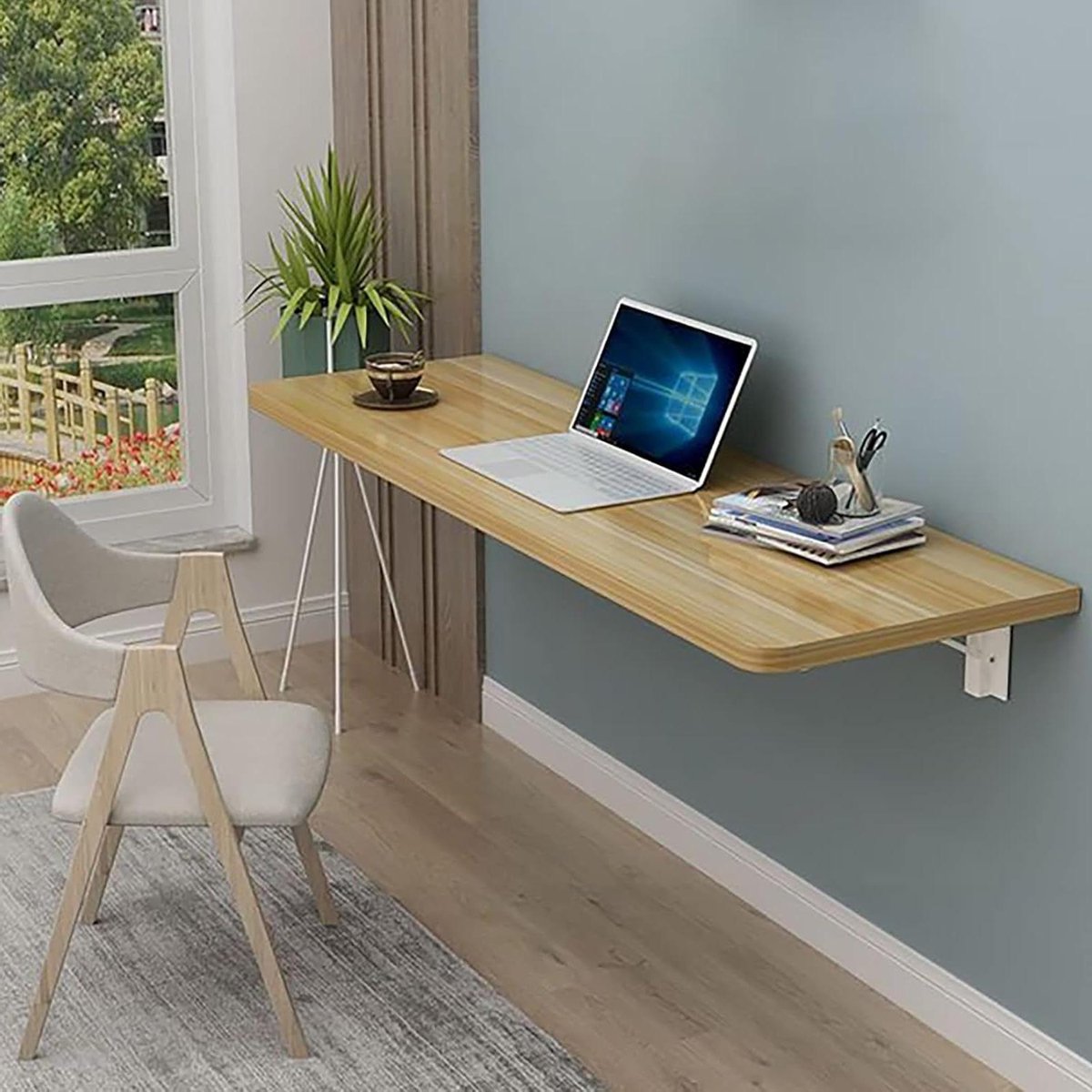 Opvouwbare Wandtafel - Klapbureau Wandmontage - Ruimte Besparen - Triangu Stalen Beugel - 60x40cm - Houtkleur