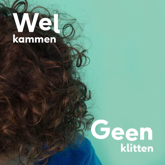 Kind met krullend bruin haar, met de tekst 'Welkom, geen klitten'.