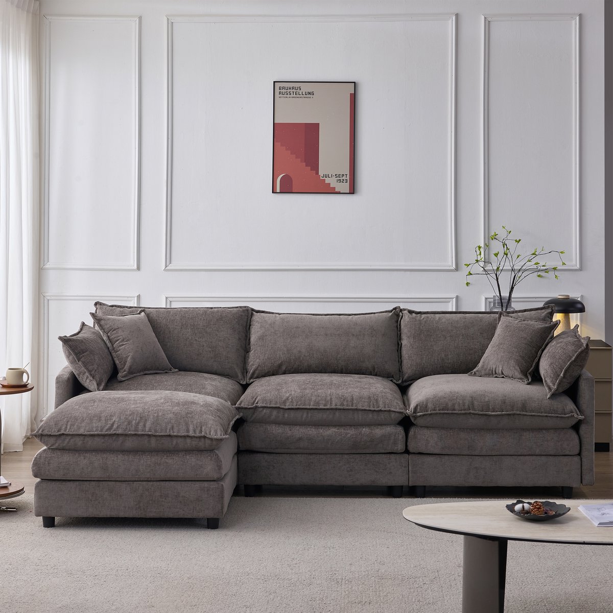 KOMHTOM BLACKCOLORS Modulaire hoekbank van chenille – 3-zits met chaise longue & poef , Comfortabele L-bank voor kleine woningen, woonkamer & lounge , Ademend zitcomfort voor het hele gezin (Dit artikelnummer komt overeen met W3915S00002) Grijs