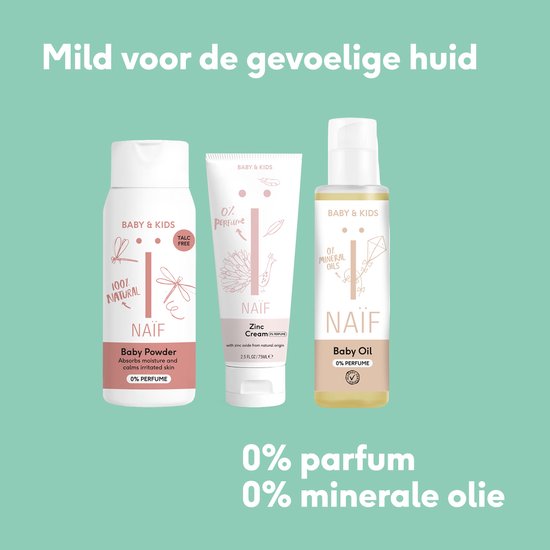 Drie Naïf babyproducten: baby powder, zinkcrème en babyolie. 'Mild voor de gevoelige huid' en '0% parfum'.