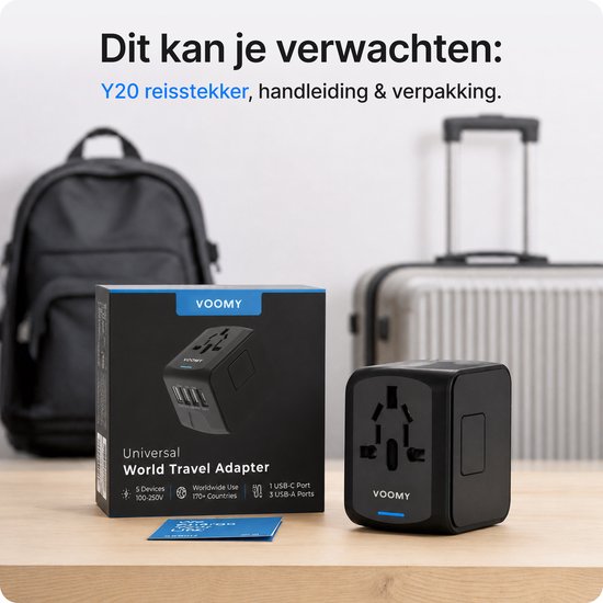 Voomy Reisstekker 170+ landen - Universele Wereldstekker - 1 USB-C & 3 USB-A - Reisadapter Wereld Engeland (UK), Amerika (USA), Australië, Zuid Amerika, Afrika, Italië, Thailand - zwart
