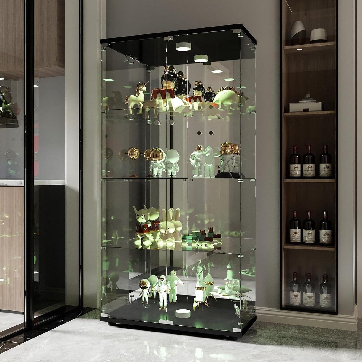 Glazen Vitrinekast - Opbergkast Display - Verzamelingen Tonen - Vier Glazen Planken - 64 Inch Hoog - Zwart