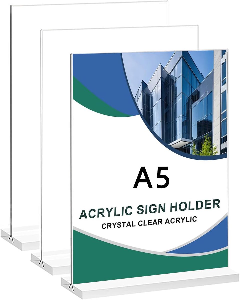 carmdering - A5 Tafelstaander - A5 Display Houder - Acryl Standaard - Dubbelzijdig Gebruik - Verticale Opstelling - Krasbestendig Acryl - UV-Bestendig Niet-Vergeelbaar - Stabiele T-Vormige Constructie - Professionele Uitstraling - 3 Stuk