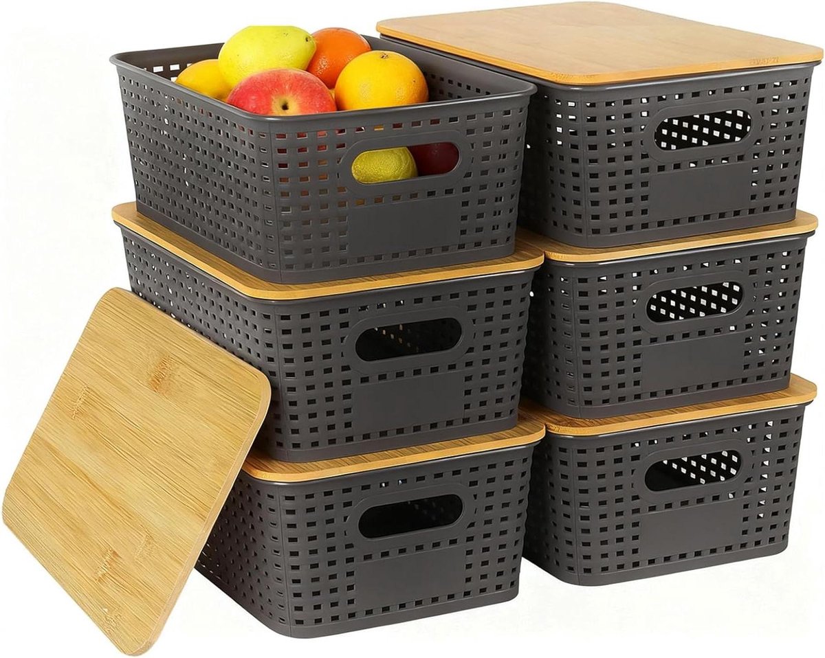 Opbergdozen Set - Opbergmanden Bakken - Ruimte Ordenen - Met Bamboe Deksel - 6 Stuks - Zwart