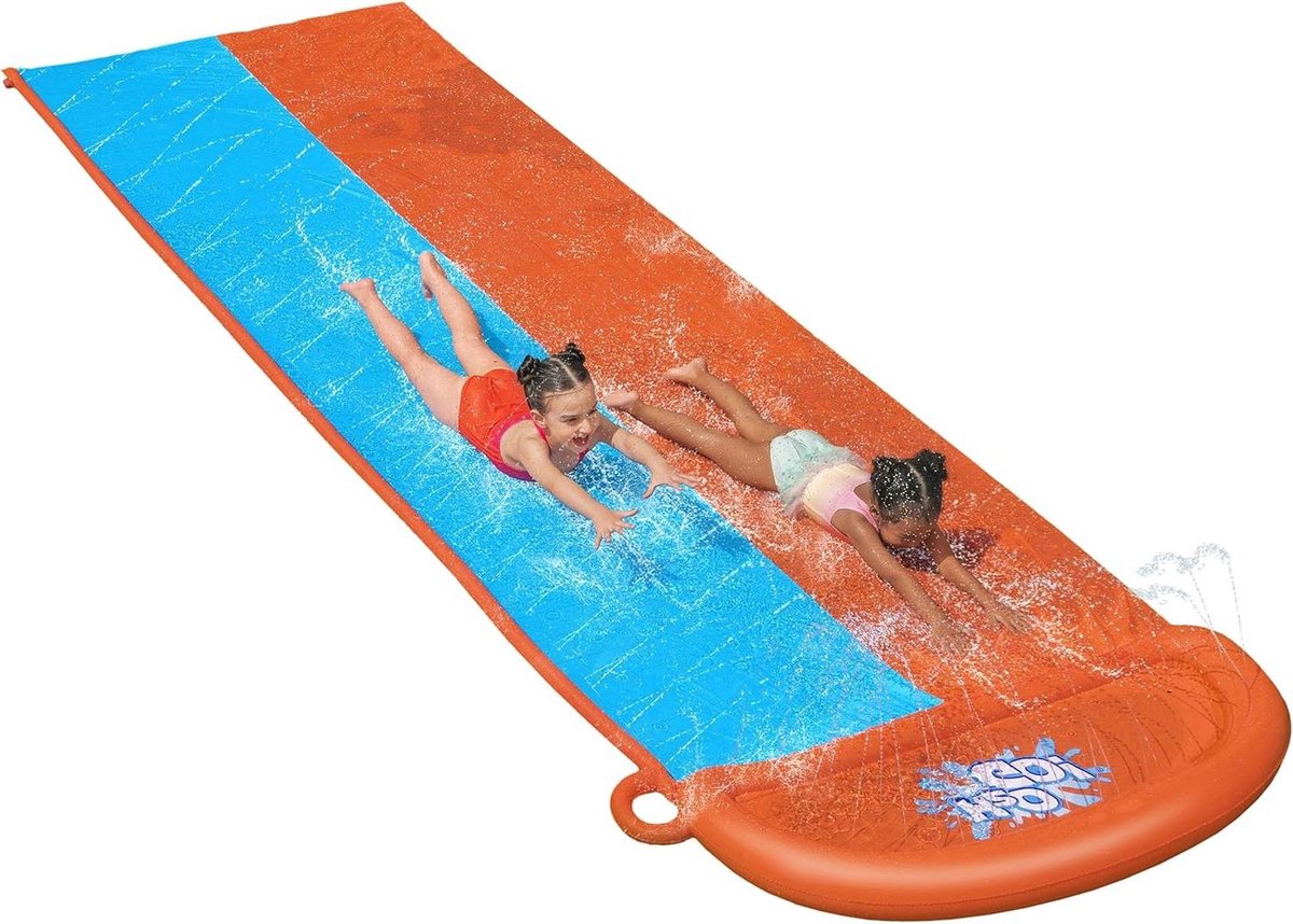 Waterglijbaan Dubbel - Tuin Waterpret - Zomerse Spelletjes - Ingebouwde Sprinklers - 488 x 138 cm - Zwart