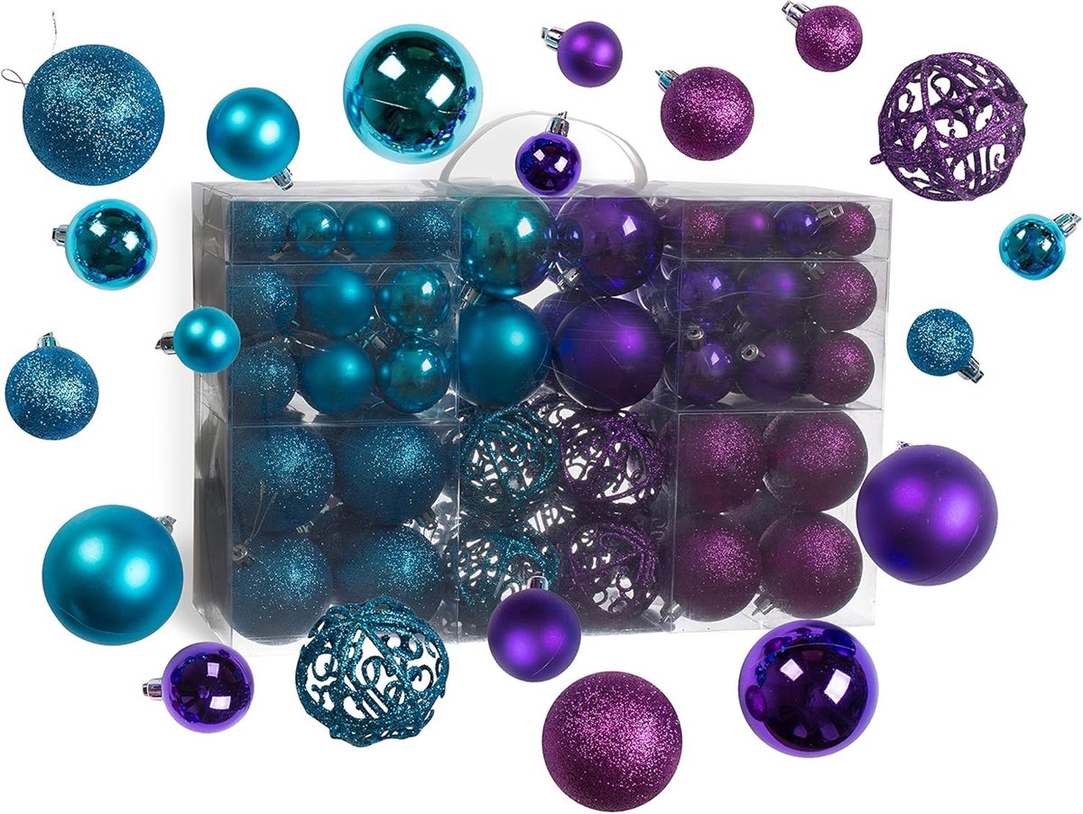 Kerstballen Set - Hangende Ornamenten - Kerstboom Versieren - Onbreekbaar Materiaal - 100 Stuks - Blauw & Paars – foto 6