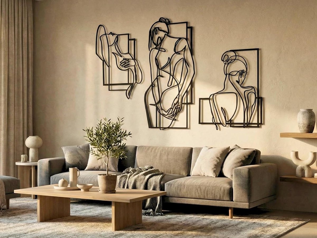 Vrouwelijke Lijn Kunst - Wanddecoratie Set - Moderne Woonkamer - 3D MDF Effect - 84x57 cm - Zwart