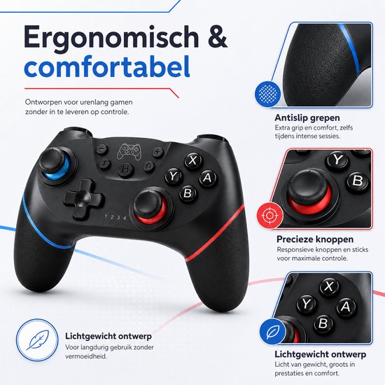 Zwarte draadloze controller met blauwe en rode accenten, met gedetailleerde close-ups van de antislip grepen en knoppen.