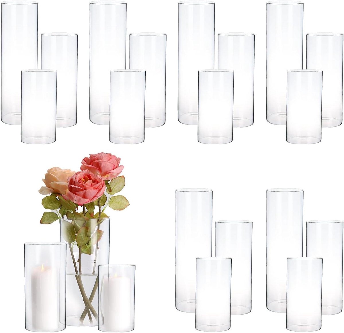 Glazen Kaarsenhouder Set - Cilinder Vaas - Sfeervolle Decoratie - Set van 18 stuks - 3 maten - Helder Glas
