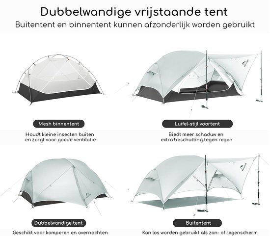 Naturehike Mongar UL 2 - 2-persoons ultralichtgewicht tent - Incl. grondzeil - 15D 1500MM - 3-seizoenen koepeltent - Waterdichte trekkerstent & kampeer tent - Grijs van Merkloos — afbeelding 5