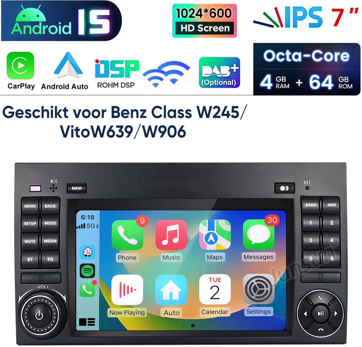 JUNSUN Autoradio - Geschikt voor Mercedes-Benz A/B-Klasse W245, W169, Sprinter, Viano, Vito W639 -Andriod 15 - 4GB+64GB - Draadloos Carplay & Android Auto - Bluetooth, GPS-navigatie, WiFi, FM, RDS, 7-inch Touchscreen, DSP, Octa-core processor