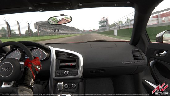 Gezichtspunt van binnenuit een Audi R8 op een circuit, met de hand van de bestuurder aan het stuur.