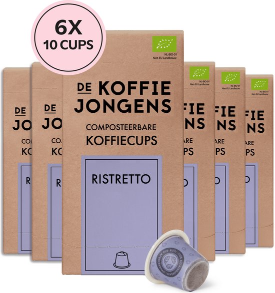 Zes verpakkingen van De Koffiejongens composteerbare koffiecups voor Nespresso, met op de voorgrond een paarse Ristretto cup.