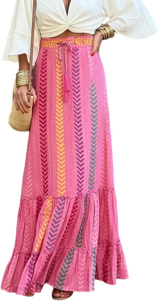 Zomer maxi rok voor dames, boho A-lijn, hoge taille, elastisch, gedrukt, strandrok, casual en chic outfit