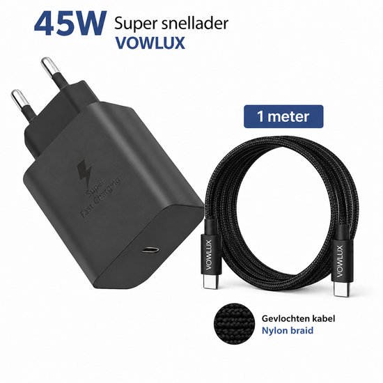45W USB-C Snellader Set Zwart met 1m 60W Gevlochten USB-C Kabel voor iPhone, Samsung, iPad, Laptop