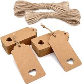 Kraft Papier Hart Cadeaulabels, 100 Stuks Bruin, 9.5cm x 4.5cm, Hollow Hart Trouwen Naam Labels met Jute Touw voor Feestjes en Geschenken