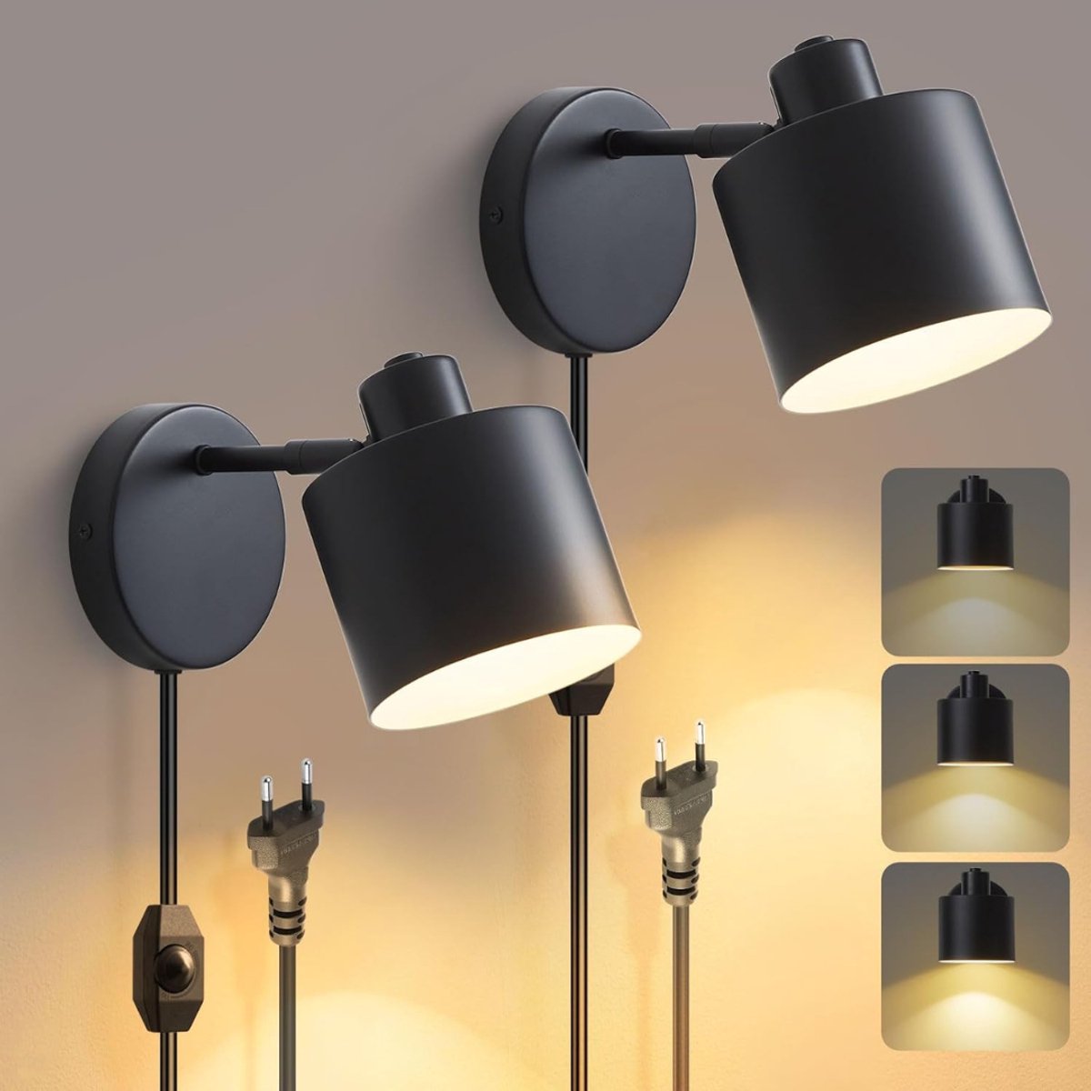 MRKK® Wandlamp Binnen met Snoer - Wandlamp met Stekker voor Binnen - met Dimbare Schakelaar - Industrieel en Vintage - Slaapkamer Bedlampje