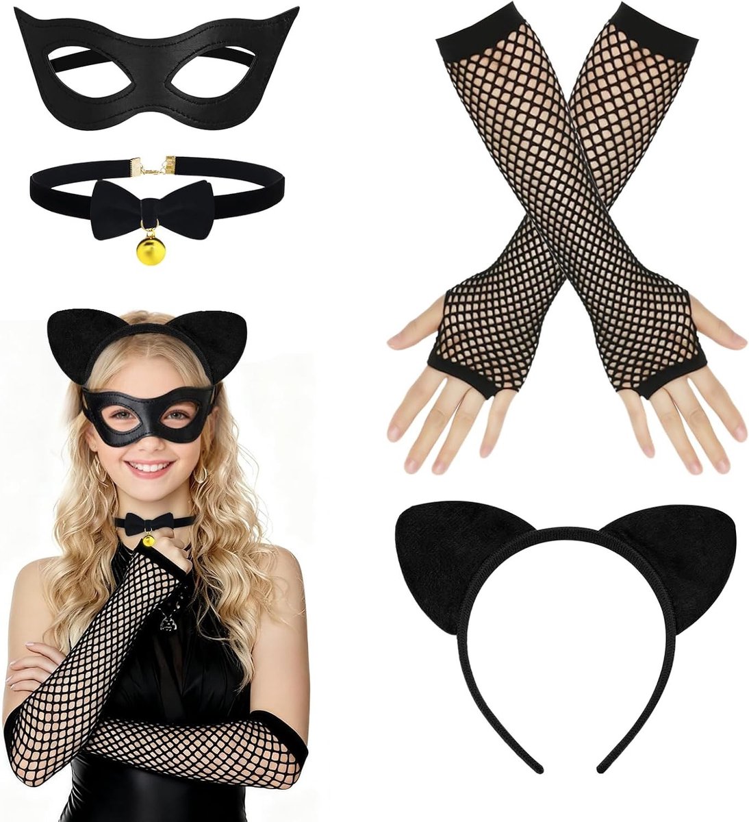 Zwart Kat Kostuum voor Vrouwen en Kinderen met Accessoires zoals Oren, Halsketting, Masker en Handschoenen voor Halloween en Carnaval