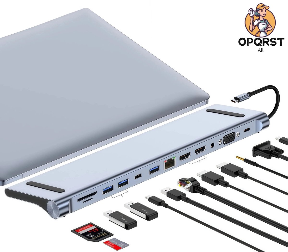 Emvae Laptop Docking Station - 12-in-1 - USB C Hub met Standaard - Dual HDMI 4K 60Hz - SD/TF - 87W Snelladen - Zilvergrijs