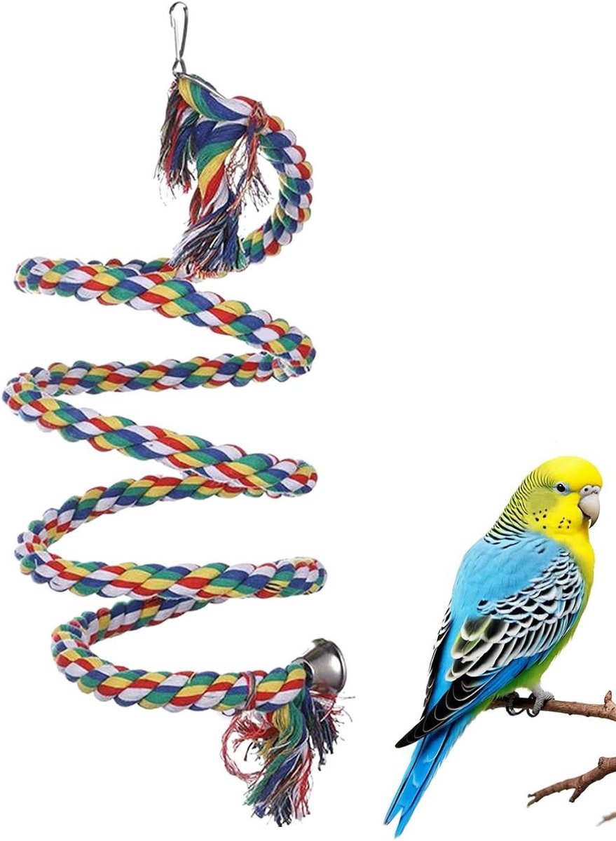 Vogelkooi Schommel Speelgoed - Vogel Touw Baars - Vogels Vermaken - Met Bel en Klimknopen - 200 cm - Veelkleurig